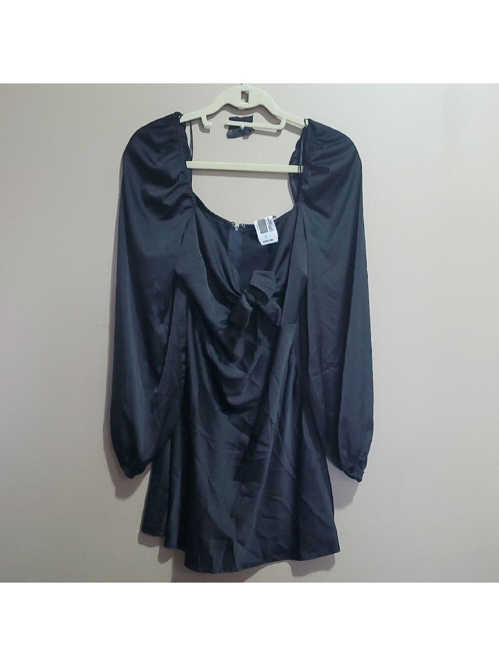 Lovely Day Rumour Satin Peep Tie Black Satin Long Sleeve Dress Size Large